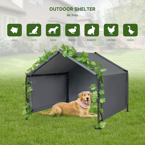 4'x 4'x 3.3' Large Dog Shade Shelter Outdoor Tent Dog House for Large Medium Dogs, Outside Sun Rain Canopy Pet House for Homeless Cats Livestock with Rainproof Cover with Artificial Grapevine Leaves