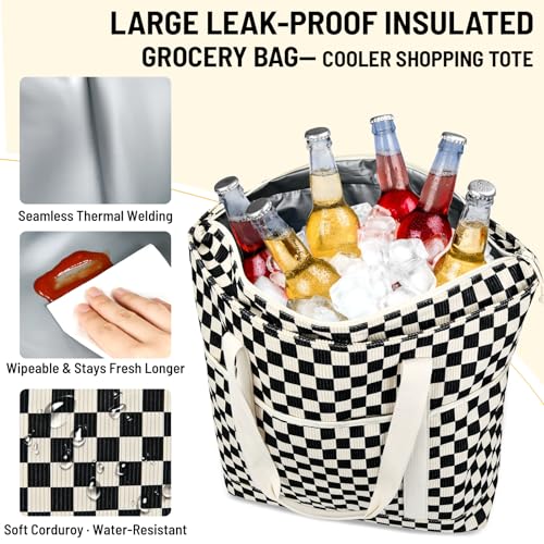 Corduroy Insulated Cooler Bag, Large Reusable Grocery Bags with Zippered Top, Collapsible Soft Sided Cooler Tote for Hot and Cold Food, for Beach, Travel, Picnic and Camping