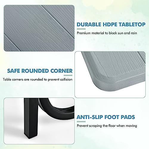 MEDIMALL Portable Picnic Table With Benches, Plastic Bench Set With Metal Frame & All Weather Tabletop, Large Camping Table for Outdoors, Backyard, Garden (Gray) - color: Grey