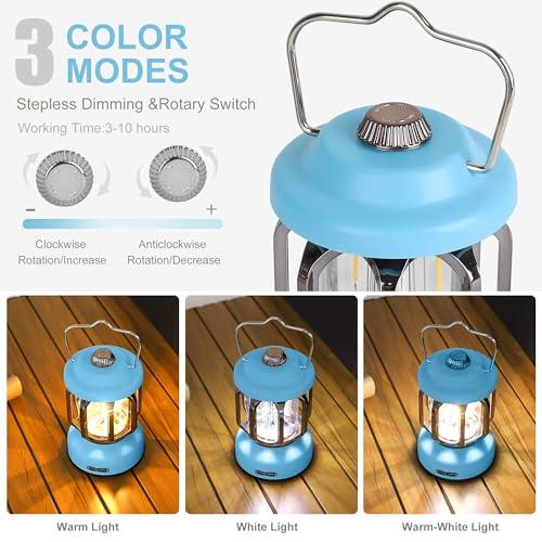 Rechargeable LED Camping Lanterns, Vintage Camping Lights Battery Operated, Portable Retro Metal Glamping Lights for Hiking, Hurricane, Decoration, Power outages, Blue, 1 Pack