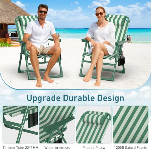 Suteck Backpack Beach Chair for Adults - 6-Position Folding Reclining Chair with Cooler Bag & Cup Holder, Lightweight Portable Beach Chair for Camping, Outdoor, Sand, Travel Use - color: Dark Green & White