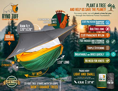Ryno Tuff XL 2 Person Camping Hammock with Mosquito Net & Rain Fly - Compact Double Hammock with Bug Net, Tarp, Pocket, Tree Straps & Heavy Duty Carabiners - Parachute Grade Nylon Holds Over 600lbs - color: Rain Fly and Mosquito Net