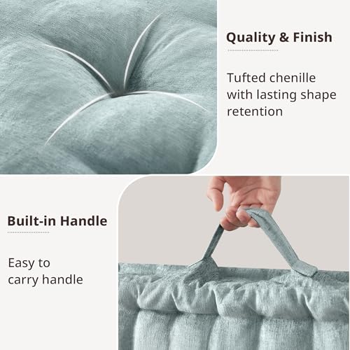 Intelligent Design Large Floor Pillow for Adults Yoga or Meditation Cushion with Handle, Floor Cushion for Board Games, Lustrous Chenille Tufted, Handsewn Scalloped Edge, Azza, 24" x 24" x 5" Aqua - color: Square Aqua With Handle, size: 24"W x 24"L x 5"H