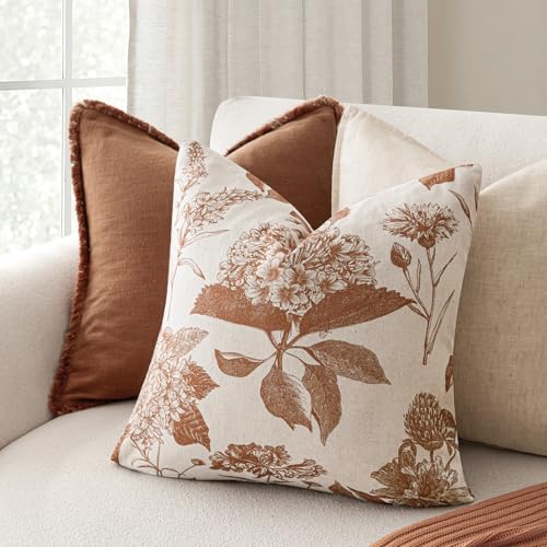 Foindtower Set of 2 Linen Floral Throw Pillow Covers Vintage Accent Print Decorative Cozy Cushion Covers Farmhouse Boho Home Decor for Sofa Chair Couch Bedroom Living Room,18×18 Inch,Autumn Orange - color: Autumn Maple, size: 18" x 18" (Pack of 2)