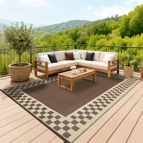 Outdoor Rug Waterproof 8x10 ft Reversible Weather Resistant Plastic Straw Rugs with Stakes & Carry Bag, Modern Geometric Outdoor Patio Rug, Portable Camping Carpet for Backyard, Brown Beige - color: Border1|brown Beige, size: 8' x 10' (Rectangular)