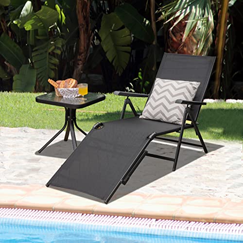Tangkula Folding Lounge Chair Outdoor, Recliner Chaise Lounge with 5-Position Adjustable Backrest & 2-Position Footrest, No Assembly Required, Suitable for Patio Poolside Beach Yard (1, Black) - color: Black