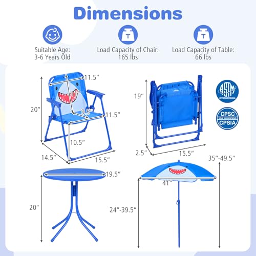 Costzon Kids Picnic Table, Kids Outdoor Table with 2 Folding Chairs, Height Adjustable Umbrella, Portable Children Outdoor Furniture for Patio, Garden, Backyard (Blue Shark) - color: Blue Shark