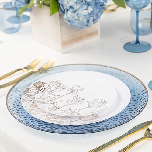 PLASTICPRO 32 Pack Elegant Disposable Plastic Plates Combo Set Includes 16 Dinner Plates and 16 Salad Plates Heavy Duty Fancy Party Plates White & Gold Tulip Design - color: White & Gold Tulip Design