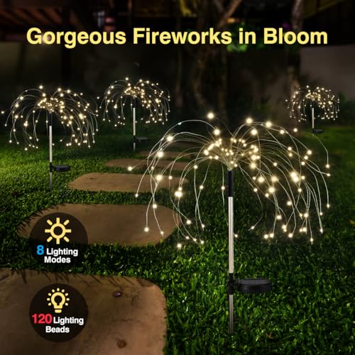 Lewondr Firework Solar Garden Lights 4 Pack, 120 LED Solar Firework Lights with 8 Lighting Modes, Waterproof Sparkler Starburst Solar Lights Outdoor for Yard Porch Patio Backyard, Warm - size: 4 Pack, style: Firework Warm White Light