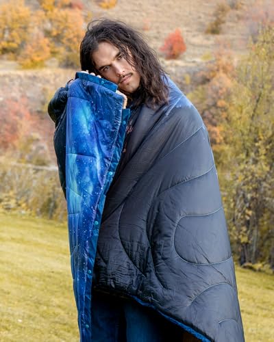 KingCamp Ultralight Camping Blanket, Packable Down Alternative Puffy Printed Wearable Blanket with Snap Buttons & Corner Loops Weatherproof Quilt for Outdoor Travel Stadium (79" x 57", Forest) - color: Sherpa-starrysky, size: 79" x 57"- Sherpa Fleece