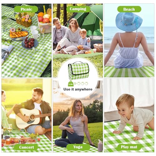 78.7''x78.7'' Extra Large Picnic Beach Blankets, 3 Layers Plaid Waterproof Thickened Foldable Camping Blanket, All-in-one Portable Mat, Suitable for Park, Camping, Outdoor Indoor, Green