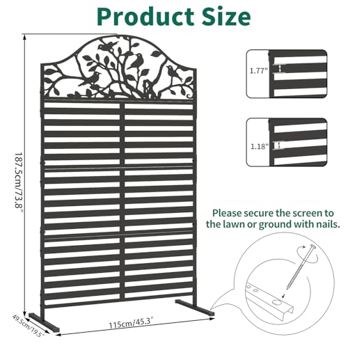 Metal Outdoor Privacy Screen, Decorative Privacy Panel with Tree Bird Design, Weatherproof Freestanding Modern Privacy Fence Divider for Patio, Deck, Backyard, Porch & Balcony (1, Black) - color: Black