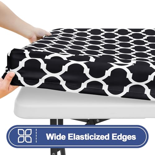 Smiry 2 Pack Rectangle Table Cloth 5 Foot, Waterproof Elastic Fitted Tablecloths, Windproof Washable Polyester Table Cover for Picnic, Camping, Outdoor (Black, 30"x60") - color: Black, size: 30"x60"