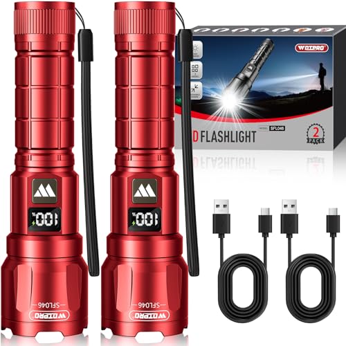 WdtPro LED Rechargeable Flashlight 2 Pack, 3 Modes Super Bright High Lumens Flashlights, Zoomable Tactical Flash Light with LCD Display, IP65 Waterproof Flashlights for Home Emergency Camping - Red - color: Red