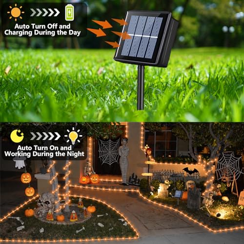 YEGUO Orange Solar Halloween Lights, 66ft 200 LED Solar Rope Lights Outdoor Waterproof, 8 Modes Fairy Lights in Clear Thin Tube - color: Orange