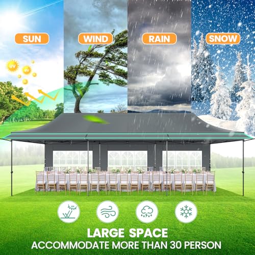 COBIZI 10x30 Pop Up Canopy Tent with Awning & Sidewalls, Heavy Duty Commercial 10X30 Canopy Tents Instant Waterproof, UPF 50+ Sun Shade for Outdoor, Parties, Markets (Gray) - color: Gray, size: 10x30FT with 5 Sidewalls & 3 Awning Cloth