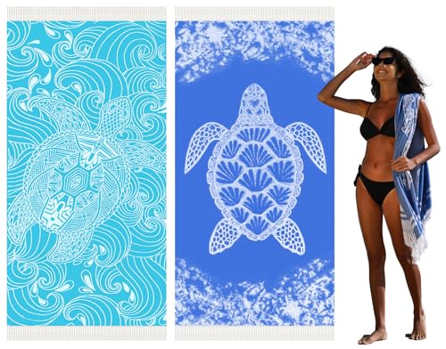 Widdonen Thin Turkish Beach Towel Lightweight Quick Dry Absorbent Cotton Bathroom Bath Pool Swim Towels Extra Large Oversized Sand Free Beach Accessories Essentials Cloud Gifts for Adult - color: 2 Pack Blue Dark Blue Turtle Tu, size: X-large(79 X 36 Inch
