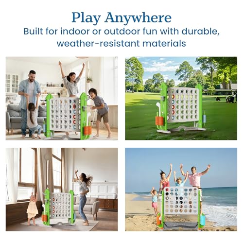 UNICOO Adjustable Height Giant 4-in-a-Row Game with Carry Bag, 4-in-1 Jumbo 4-to-Score Yard Game with Basketball Hoop, Ring Toss & Golf Set, Indoor Outdoor Family Party Game for Kids & Adults - color: Green & White
