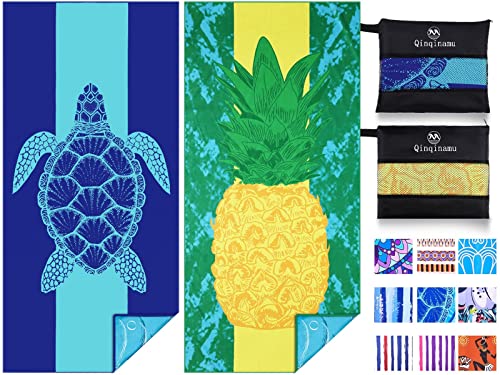 2 Pack Microfiber Lightweight Beach Towel 71"x32" Oversized Extra Large Thin Sand Free Towels Travel Swim Pool Yoga Gym Camping for Adults Women Men Beach Essentials Accessories Vacation Gift - color: 2 Pack Turtle Pineapple