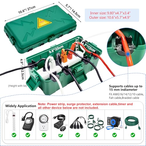 Hrensaw Medium Outdoor Electrical Box(10.6x5.7x4.9inch),Weatherproof Connection Box w/6 Cable Entry,IP54 Waterproof Extension Cord Cover Protect Power Strip,Timer,Plug,Holiday Lights,Green - color: Green, size: Medium