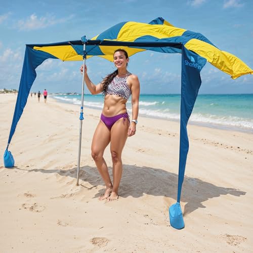 Shark FIN Shade Beach Tent Wind Sun Canopy Portable Easy Set Up UPF 50+ No Assembly Required 3-30 MPH - 1 to 8 People - Tie Downs Included - 2 Sizes Large 9' X 10' & Giant 13.5' X 10' PATENTS Pending - color: Large Blue and Yellow