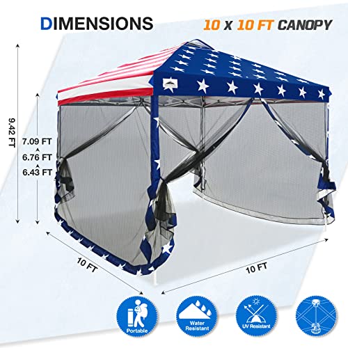 EAGLE PEAK 10x10 Outdoor Easy Pop up Canopy with Netting, Instant Screen Party Tent with Mesh Side Walls, American Flag - color: American Flag