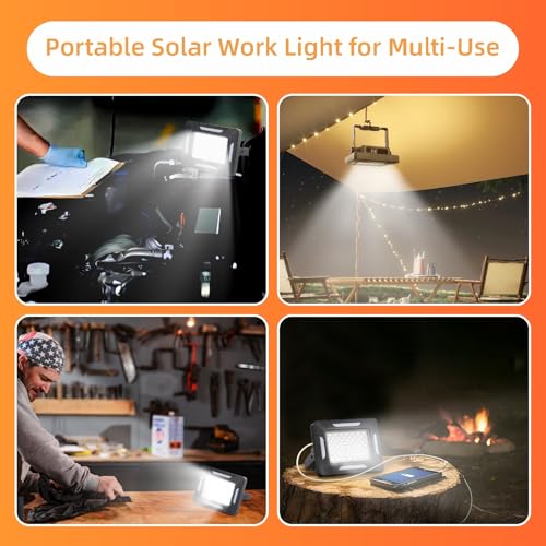 Solar Portable Camping Lights with Strong Magnets, dimmable, Solar Rechargable Camping Lantern, IP67 Waterproof, 5 Light Modes Portable Flood Light, Work Lights for Indoor Outdoor