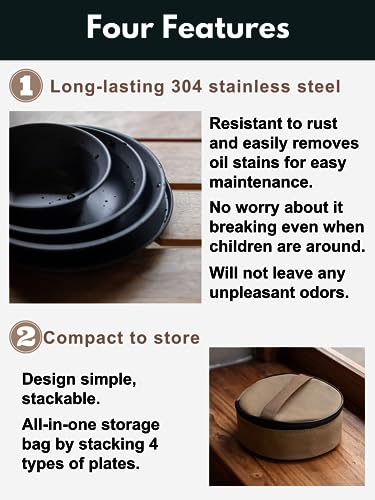 CAMPINGMOON Camping Tableware Set Stainless Steel Camping Plates Bowl Stackable Outdoor Dinnerware Canvas Carry Case Camping Hiking Picnic - color: Black (titanium oxide coating)