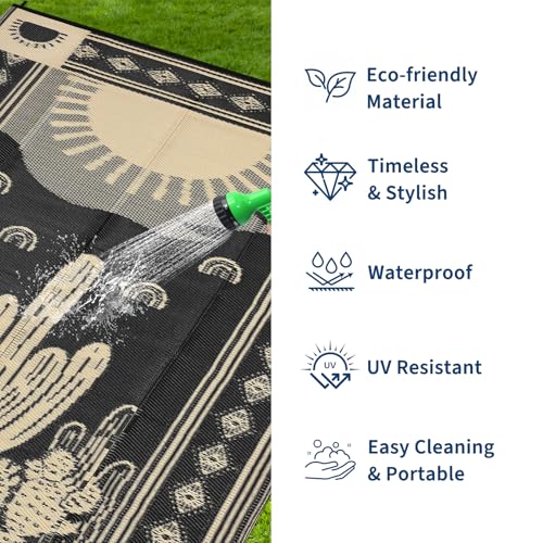 Garvee Waterproof Outdoor Rug 5x8, Cactus Botanical Outdoor Plastic Straw Rug for Camping, Reversible RV Mat Outside, Indoor Outdoor Carpet for Porch, Deck, Backyard, Balcony, Picnic, Black & Brown - color: Black & Brown-cactus, size: 5' x 8' (Rectangular