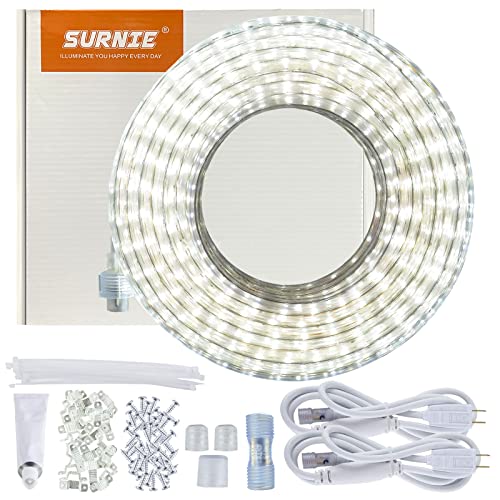 SURNIE 50ft LED Rope Lights Outdoor Waterproof, 110V Flexible Daylight White Bright Lighting Cuttable Connectable, Cool Clear Flat Strip Light 6000K for Outside Deck Patio Camping Decor, Not Tube Rope - color: White, size: 50ft