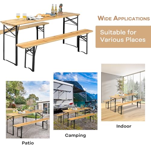 NAFORT 6FT Picnic Table Set, 3-Piece Folding Beer Table & Bench, Portable Wooden Picnic Tables for Outdoors Dining Table Set w/Metal Frame for Patio Garden