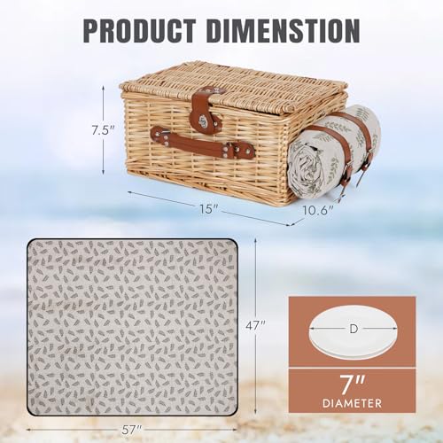 HappyPicnic Picnic Basket Set for 2 - Wicker Picnic Basket with Waterproof Blanket & Insulated Liner, Large Handmade Willow Hamper with Cutlery Kit for Outdoor, Picnic, Camping, Party, Holidays (Leaf) - color: Leaf