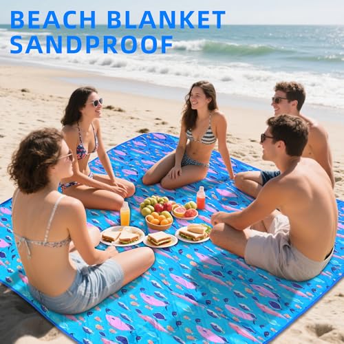 Picnic Blanket, 80x80 Inches, White Fish Pattern, Double Thickened with 150g Cotton, Portable Foldable with Leather Carry Strap - color: Blue Fish, size: 80"x80"