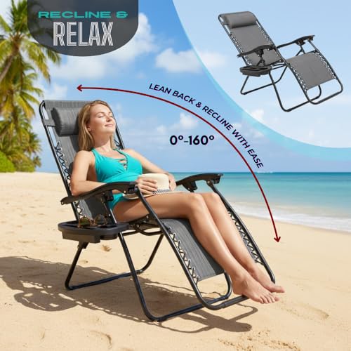 (2-Pack) Zero Gravity Lounge Chair Adjustable Outdoor Reclining Chair Folding Patio Anti-Gravity Indoor Outdoor Lounge Chair w/Pillow, Cup Holder (Two Chairs - Gray) - color: Two Chairs - Gray