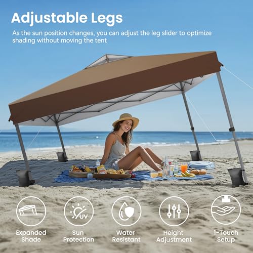 PHI VILLA 10x10ft 1-Person Setup Pop Up Canopy Tent Instant Portable Shelter w/ 1-Button Push, Case, 4 Weight Bags - Dark & Light Brown - color: Dark & Light Brown, size: 10×10 one push