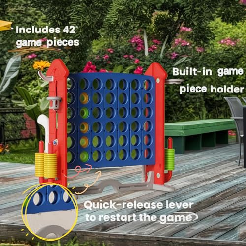 UNICOO Adjustable Height Giant 4-in-a-Row Game with Carry Bag, 4-in-1 Jumbo 4-to-Score Yard Game with Basketball Hoop, Ring Toss & Golf Set, Indoor Outdoor Family Party Game for Kids & Adults - color: Red & Blue
