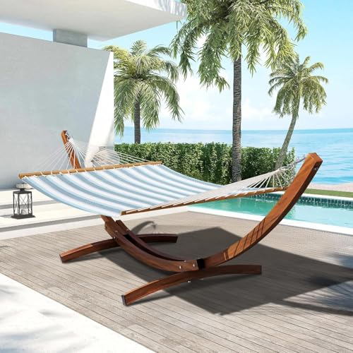 Lazy Daze Hammocks 12 FT 2 Person Double Quick Dry Textilene Hammock with Curved Steel Heavy Duty Stand for Outside, Backyard, Patio, 450 Lbs Capacity, Blue White Stripes - color: Blue White Stripes