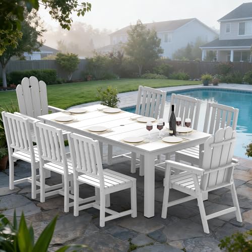 9-Piece Patio Dining Set, Outdoor Dining Set for 8, HDPE All-Weather Outdoor Furniture with 75.20” Umbrella Hole Table, 2 Armchairs & 6 Armless Chairs, White - color: White, size: 2 Armchairs & 6 Armless Chairs