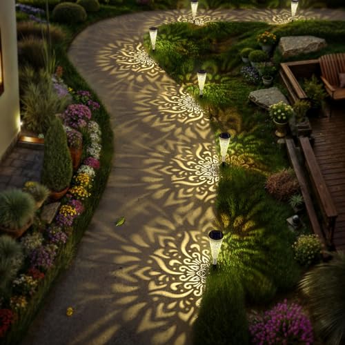 gardencave 6 Pack Solar Lights Outdoor Garden Decorative Mandala Solar Garden Lights with Warm Light Waterproof Solar Pathway Landscape Light for Path Patio Backyard Walkway Yard Decor (White) - color: White