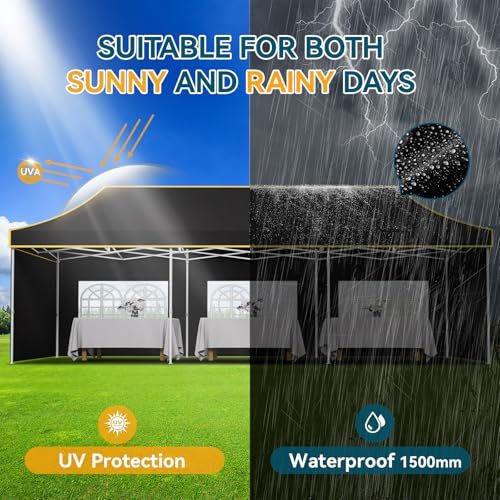 Hoteel 10x30 Pop Up Canopy Tent Heavy Duty with 5 Sidewalls, Waterproof Party Tent, Easy Set-up Commercial Instant Tents with Roller Bag & Sandbags, Hexagonal Leg (1-Year Warranty) - color: Black, size: 10×30 （5 Walls）