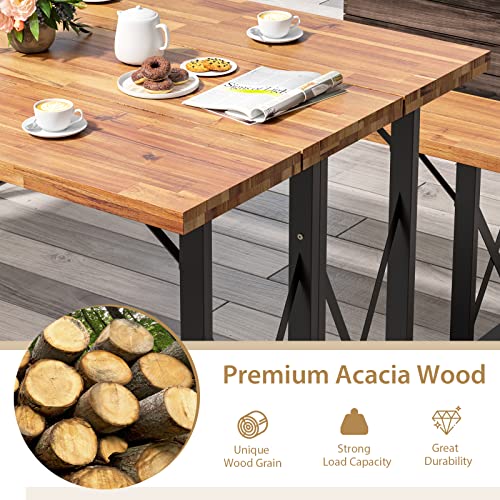 Giantex Outdoor Picnic Table Set with 2 Benches, Acacia Wood Patio Dining Set for 6 or 4 Persons, with 2” Umbrella Hole, 67” Large Rectangular Camping Table for Garden Lawn Yard 800 Lbs Capacity