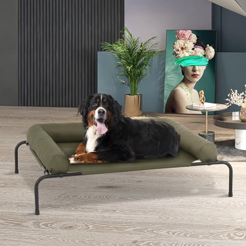 MoNiBloom Outdoor Elevated Dog Bed w/Removable Bolster, Portable Raised Outdoor Dog Bed with Stable Anti-Slip Feet & Breathable Mesh, 55 Inches Length, Dark Green - color: Dark Green, size: 55"L