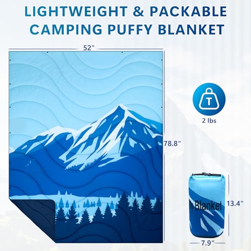 Camping Blanket Waterproof, Packable Down Alternative Puffy Printed Camp Blankets Ultra Warm Lightweight Hammock Top Quilt Outdoor Blanket for Travel Picnic Stadium Hiking Party Cold Weather 55"x78.8" - color: Blue Mountain Blanket