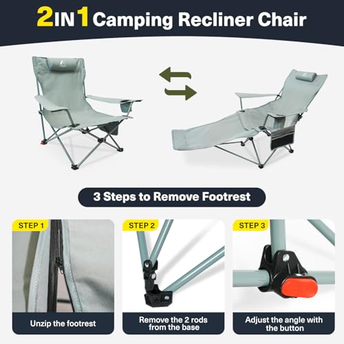 2-in-1 Reclining Camping Chair, Portable Folding Beach Lounge Chair with Footrest & Adjustable Backrest, Comfortable Lawn Chair for Adults Heavy Duty with Cup Holder for Outdoor Poolside Sports - color: Cyan, size: 1 Pack