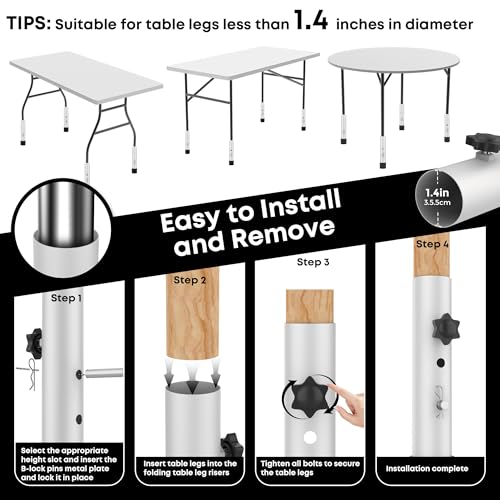 Table Leg Extenders White, Highly Durable Steel Folding Table Leg Risers, Table Leg Extensions Fits Straight & Bent Legs Table Height Extender for Rise Card Table 3.6/5.2 Inch Wobble-Free - size: White- 2-LEVEL Adjustable