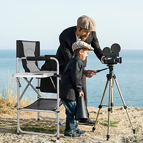 mefeir Tall Camping Chair Makeup Artist Director Chair 26" Counter Height, Portable Folding Design with Side Table, Cup Holder & Side Storage Bag, Heavy-Duty Iron Frame (300 lbs Capacity) - color: Black/Gray, size: 26in