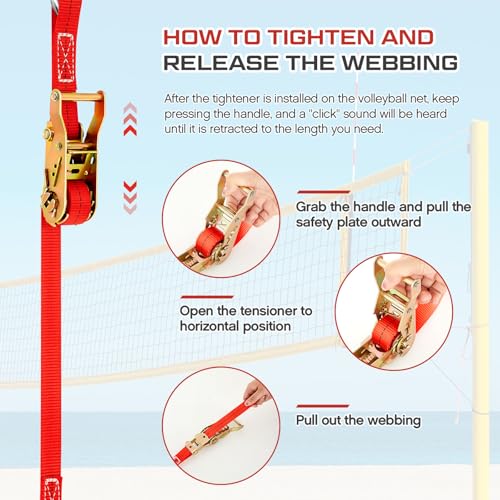 MiniInflat 2 Pcs Volleyball Net Tensioning Ratchet Strap, Heavy Duty Net Tensioning Lever Ratchet, Volleyball Poles Rope Tightener for Indoor & Outdoor Use - color: Red