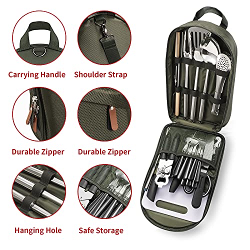 Portable Camping Kitchen Utensil Set-27 Piece Cookware Kit, Stainless Steel Outdoor Cooking and Grilling Utensil Organizer Travel Set Perfect for Travel, Picnics, RVs, Camping, BBQs, Parties and More - color: green