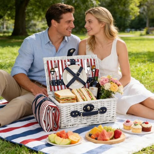 Wicker Picnic Basket for 2 with Waterproof Picnic Blanket and Insulated Bag, Patriotic Red White and Blue Star Pattern for Soccer Game, Camping, Travel, Birthday Gift, Wedding Gift - color: Classic Red White and Blue - 2