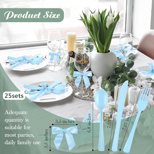 Minatee 25 Sets Light Blue Plastic Cutlery Set with Twist Tie Bows, Heavy Duty Tableware Disposable Forks Knives Spoons Silverware Utensils Set for Coquette Birthday Bow Party Table Setting Picnics - color: Light Blue
